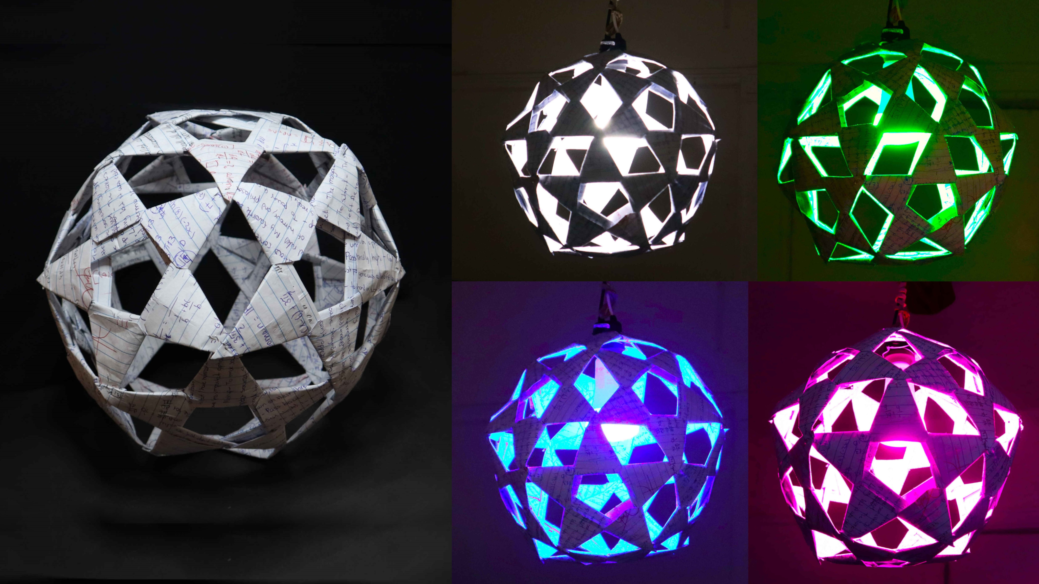 The finished paper sculpture shown normally and illuminated from within by an LED bulb in several colors.