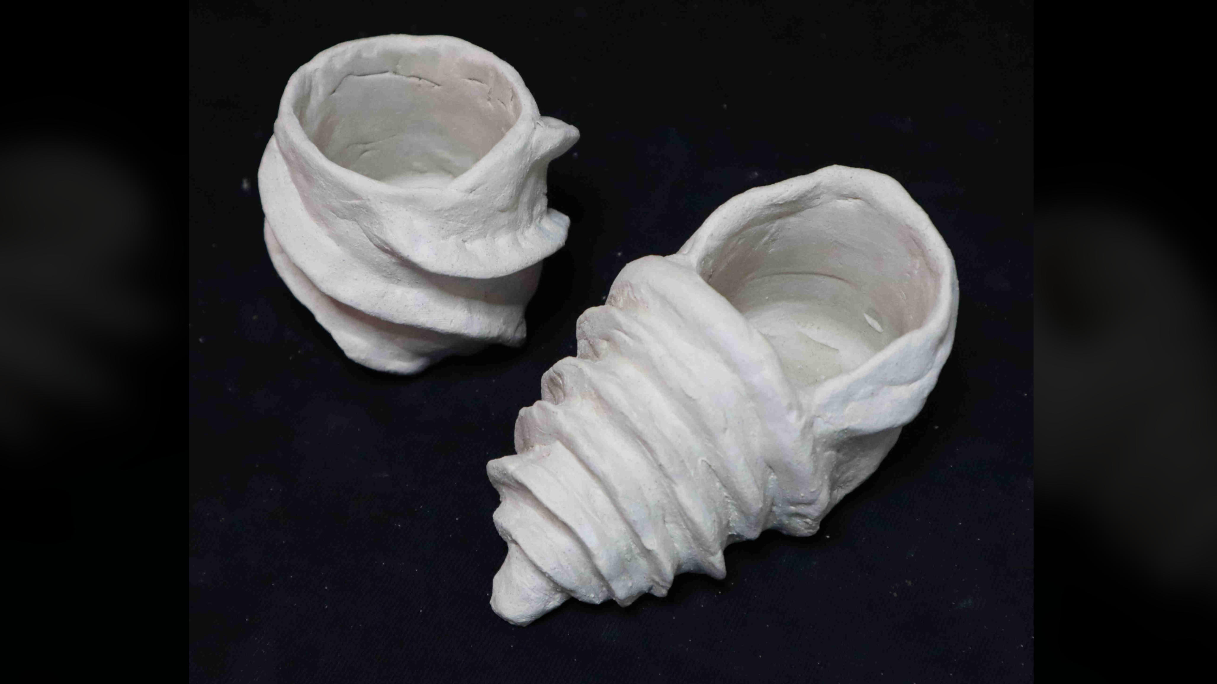 Two seashell-inspired clay bowls, including one with an elongated shell-like form.