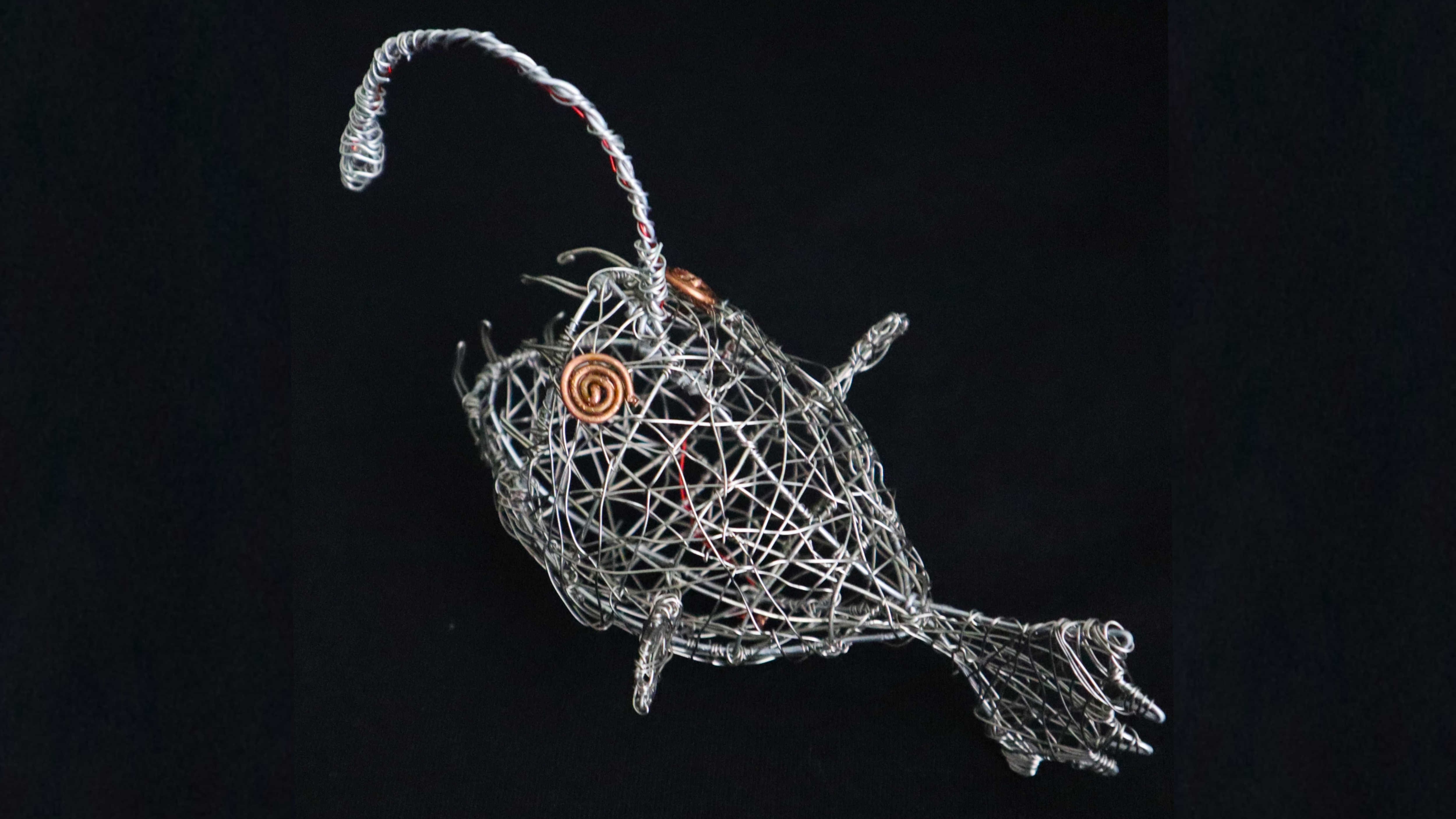 Top view of the wire anglerfish sculpture.