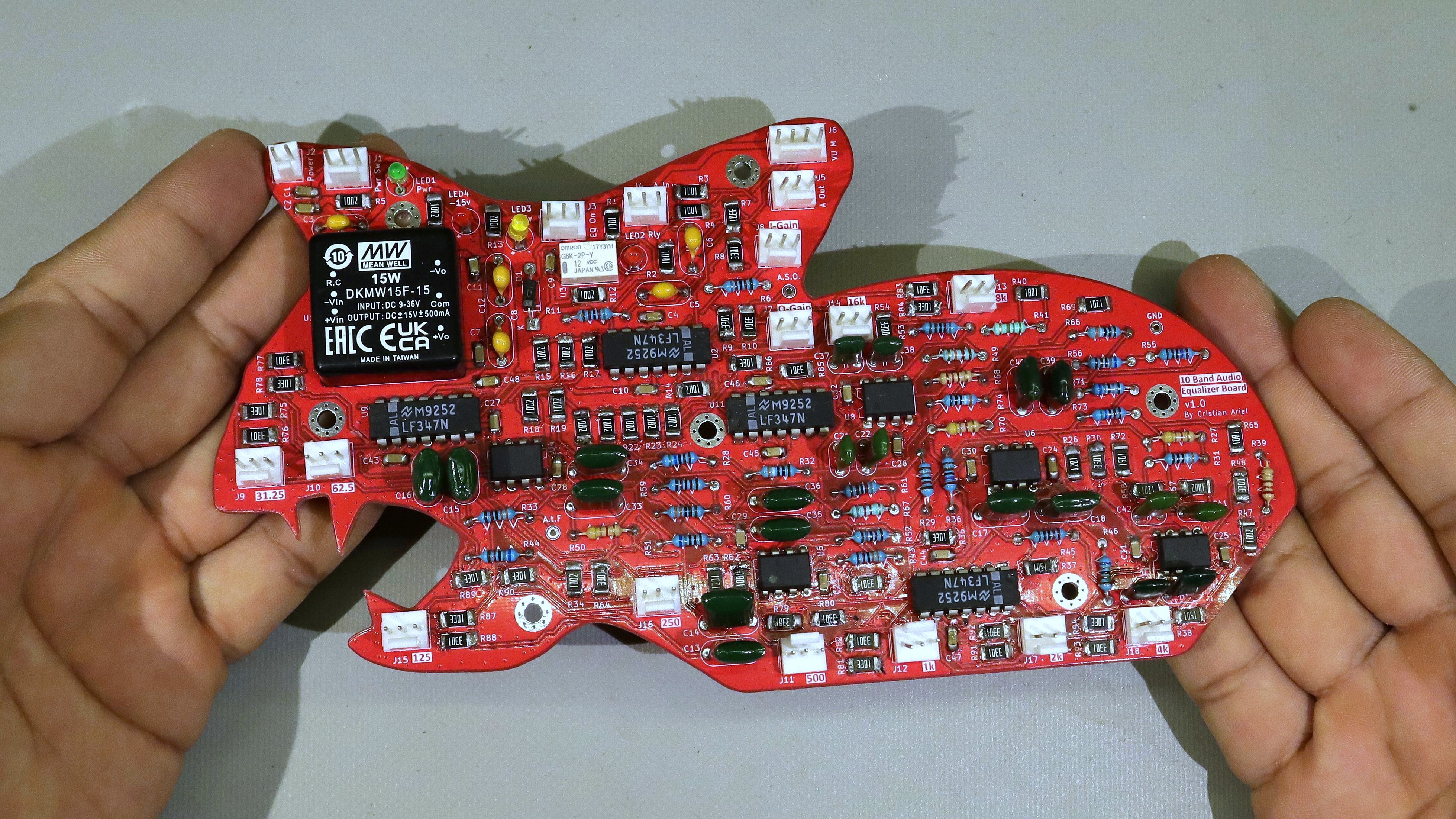 Front view of the main equalizer PCB populated with all the components.