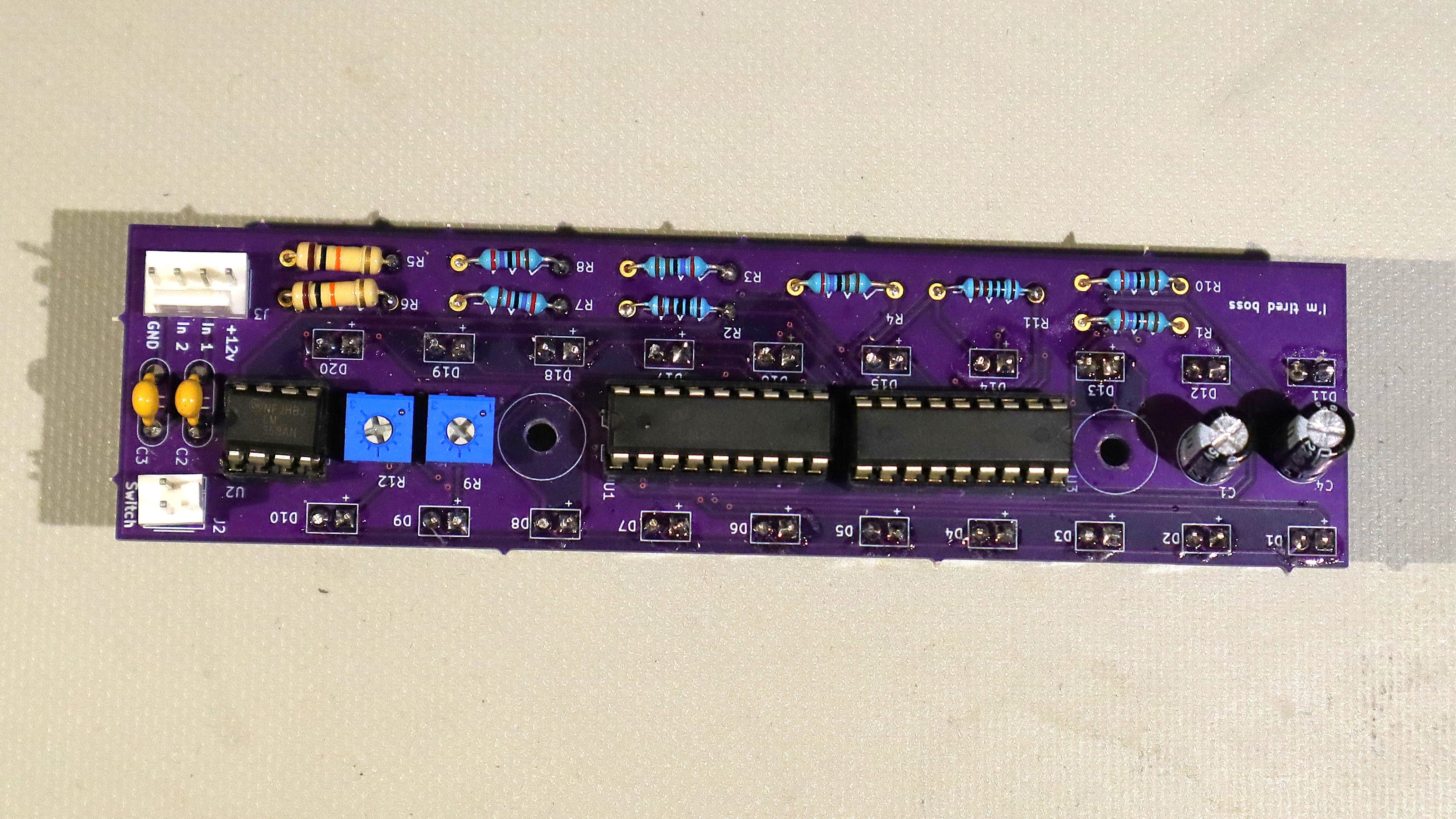 Front view of the Dual VU Meter PCB populated with all the components.