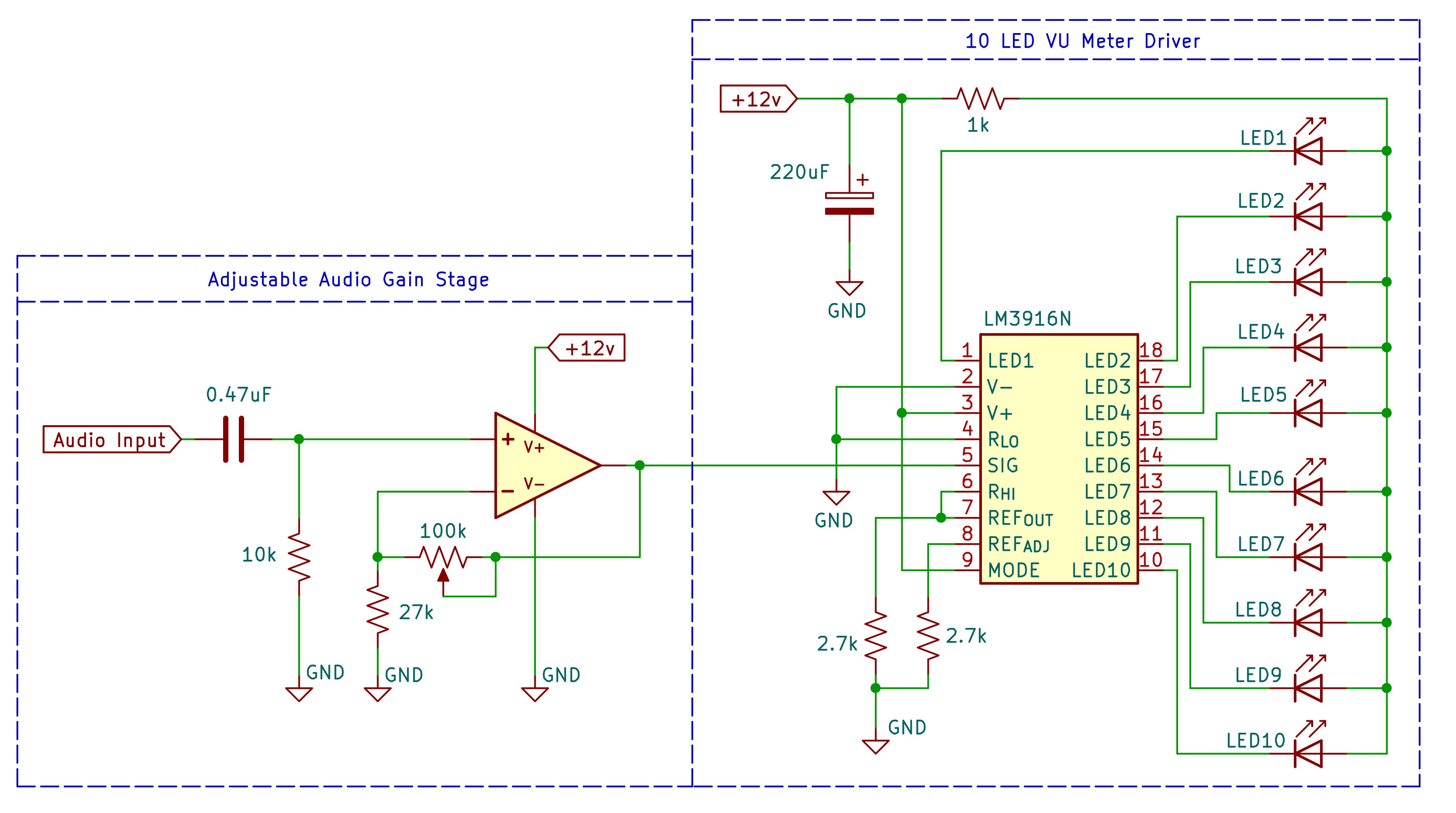 KiCad schematic for a single VU meter gain control and circuit driver.