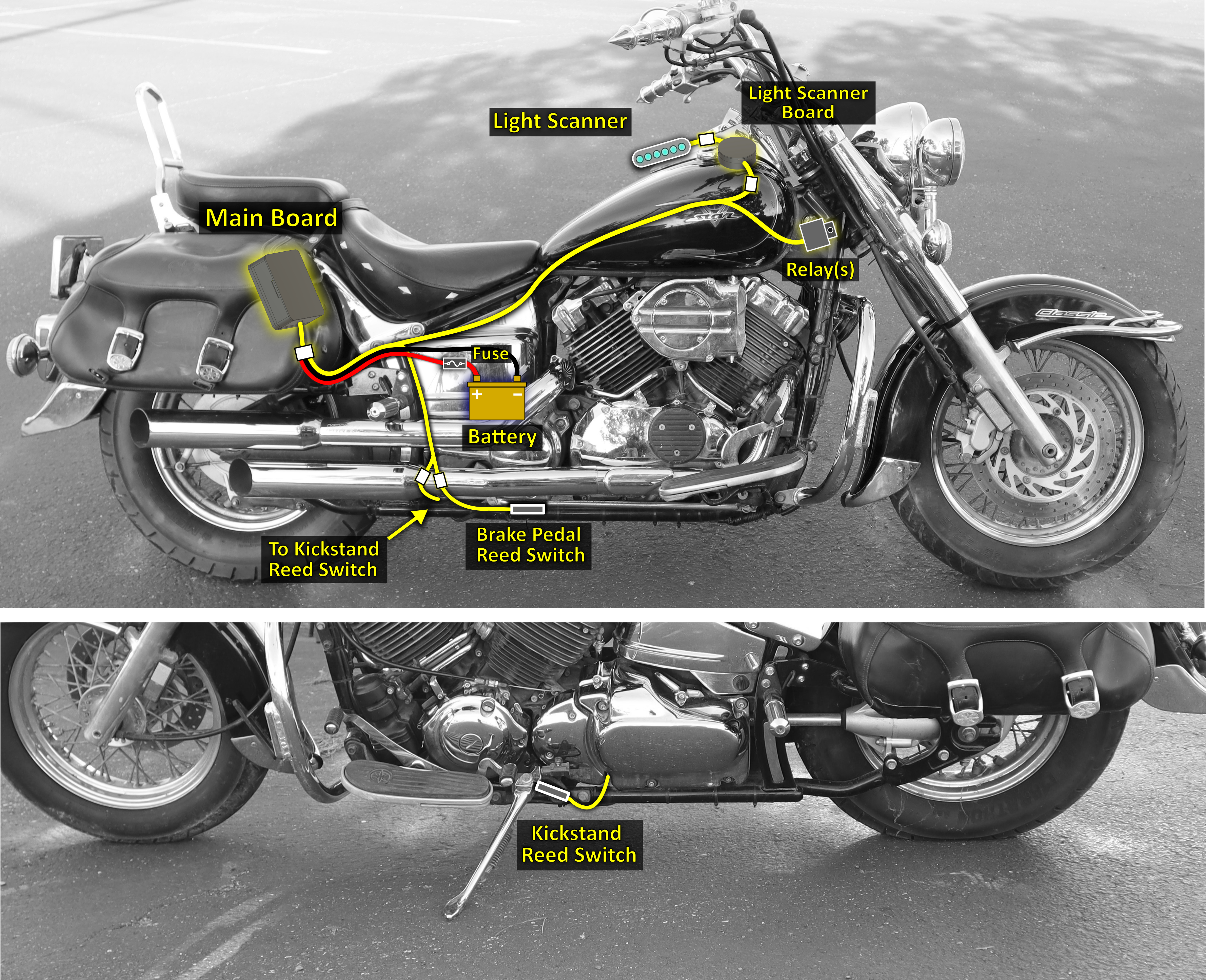 Diagram showing the routing of the keyless ignition wiring on the motorcycle.