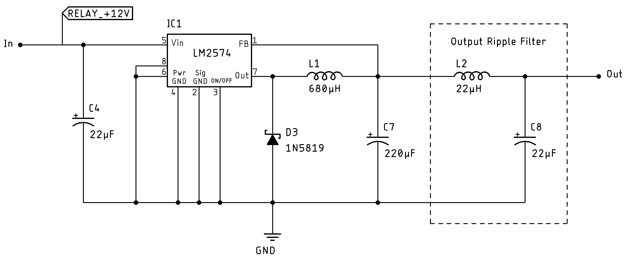 LM2574 5 V switching regulator and LC filter.